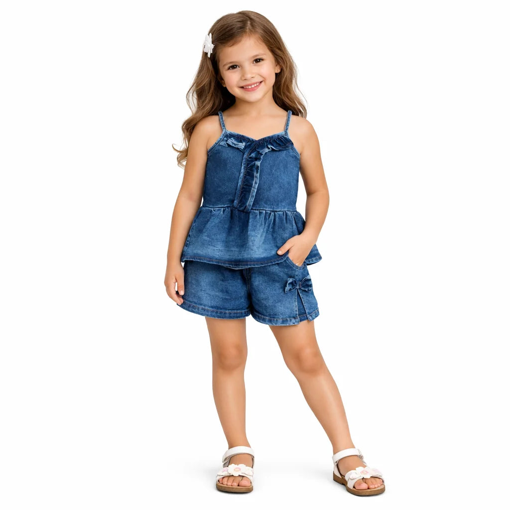 Bright Stars KIDSWEAR Cloud Washed Denim Co-Ord Skort Set, Ruffled Strap Top With Skorts And Big Bow - Blue