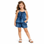 Bright Stars KIDSWEAR Cloud Washed Denim Co-Ord Skort Set, Ruffled Strap Top With Skorts And Big Bow - Blue