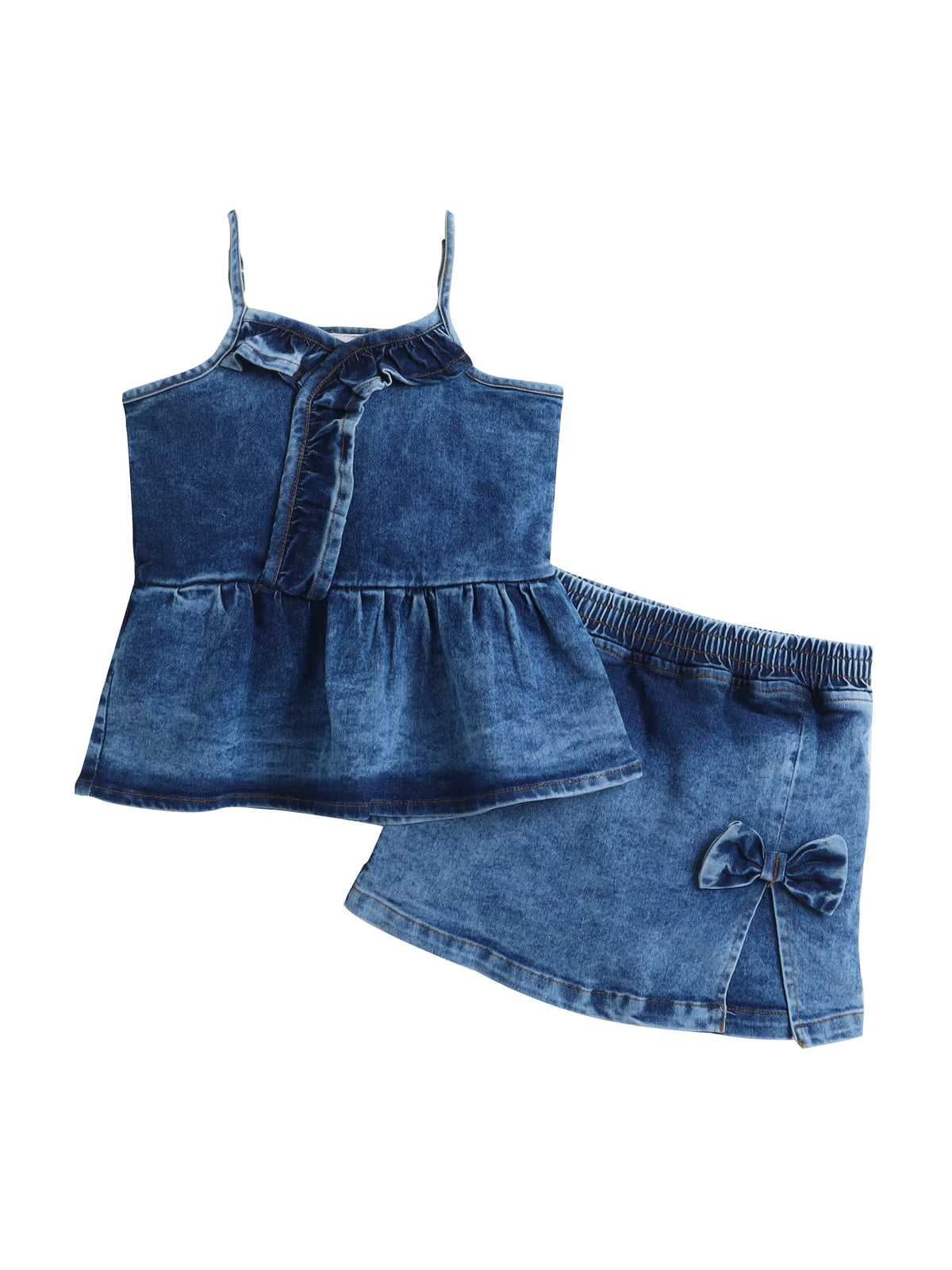 Bright Stars KIDSWEAR Cloud Washed Denim Co-Ord Skort Set, Ruffled Strap Top With Skorts And Big Bow - Blue