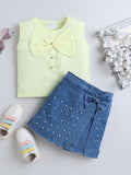 Bright Stars KIDSWEAR Cotton Single Jersey Sleeveless Top With Bow And Denim Pearl Embellished Skorts Set - Yellow