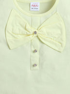 Bright Stars KIDSWEAR Cotton Single Jersey Sleeveless Top With Bow And Denim Pearl Embellished Skorts Set - Yellow