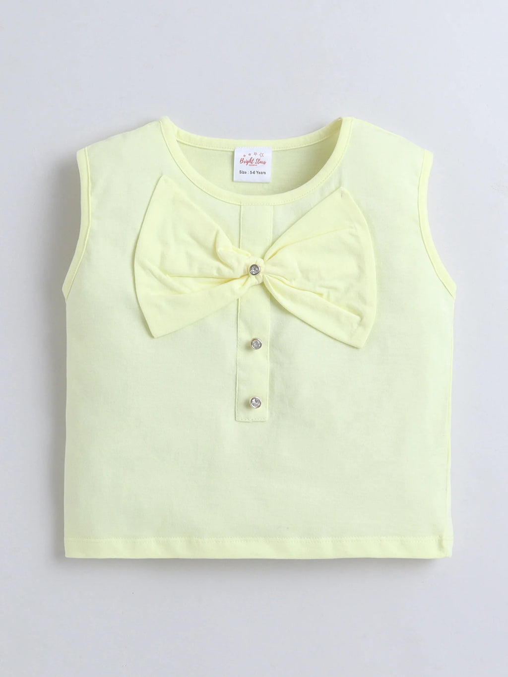Bright Stars KIDSWEAR Cotton Single Jersey Sleeveless Top With Bow And Denim Pearl Embellished Skorts Set - Yellow