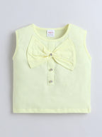 Bright Stars KIDSWEAR Cotton Single Jersey Sleeveless Top With Bow And Denim Pearl Embellished Skorts Set - Yellow