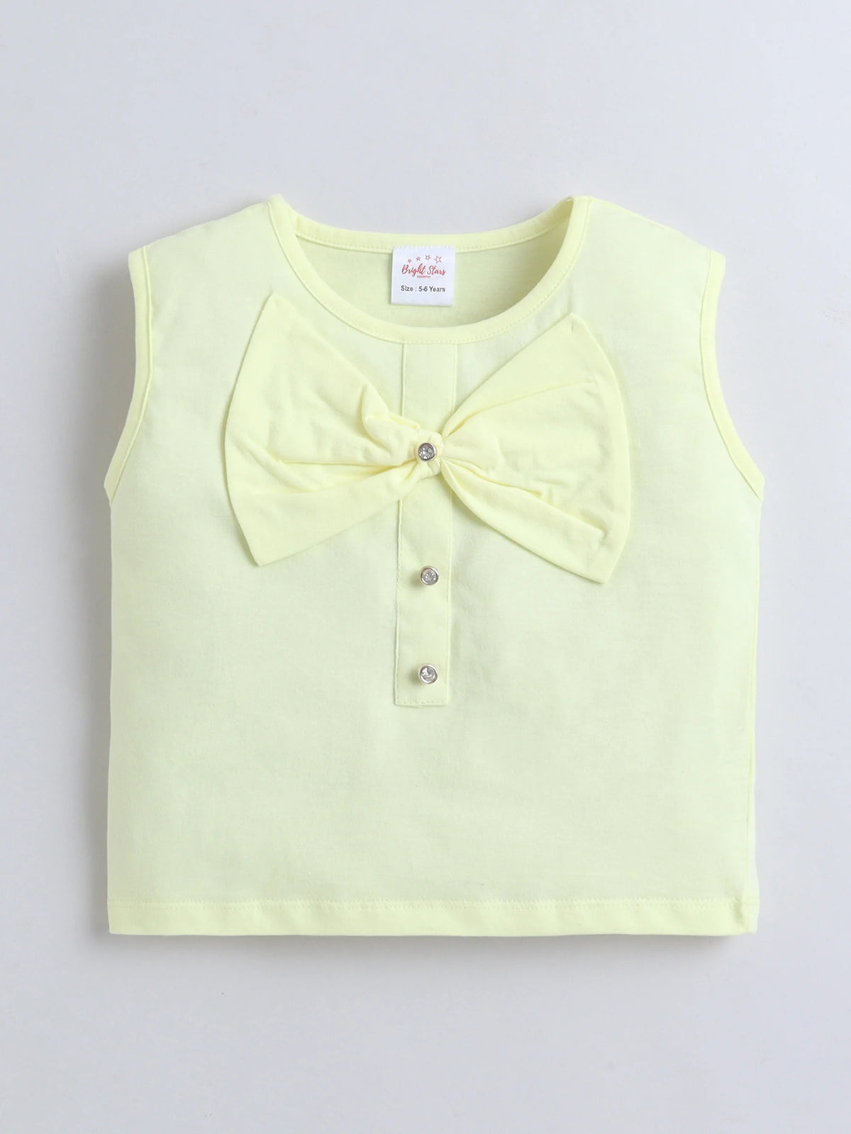 Bright Stars KIDSWEAR Cotton Single Jersey Sleeveless Top With Bow And Denim Pearl Embellished Skorts Set - Yellow