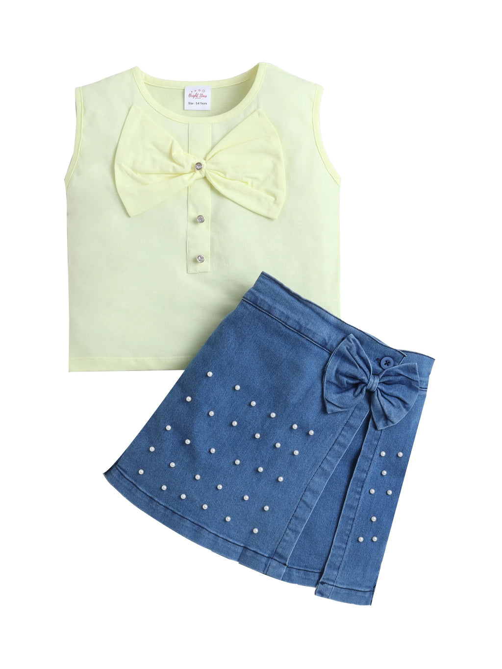 Bright Stars KIDSWEAR Cotton Single Jersey Sleeveless Top With Bow And Denim Pearl Embellished Skorts Set - Yellow