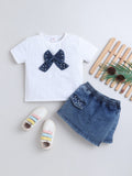 Girls Co-ord Set Waffle Knit Tshirt with Cloud Washed Denim Skorts Clothing Set