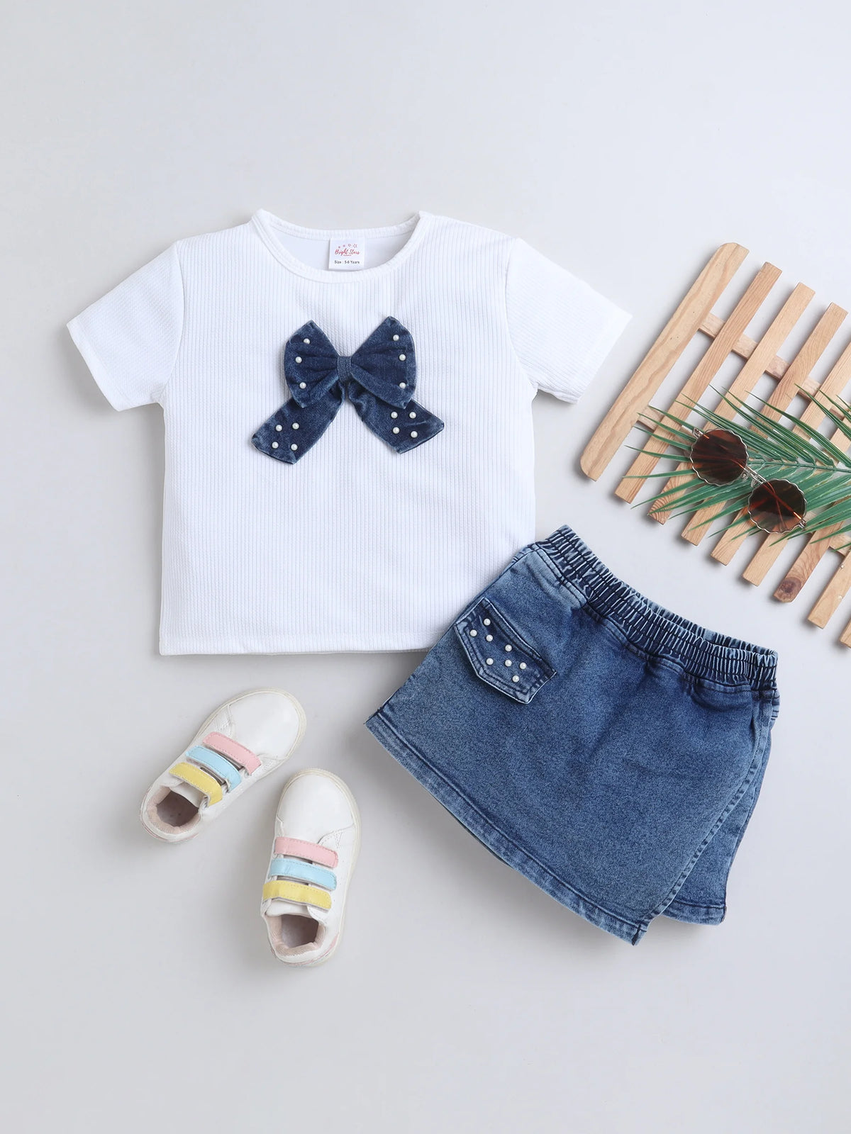 Girls Co-ord Set Waffle Knit Tshirt with Cloud Washed Denim Skorts Clothing Set