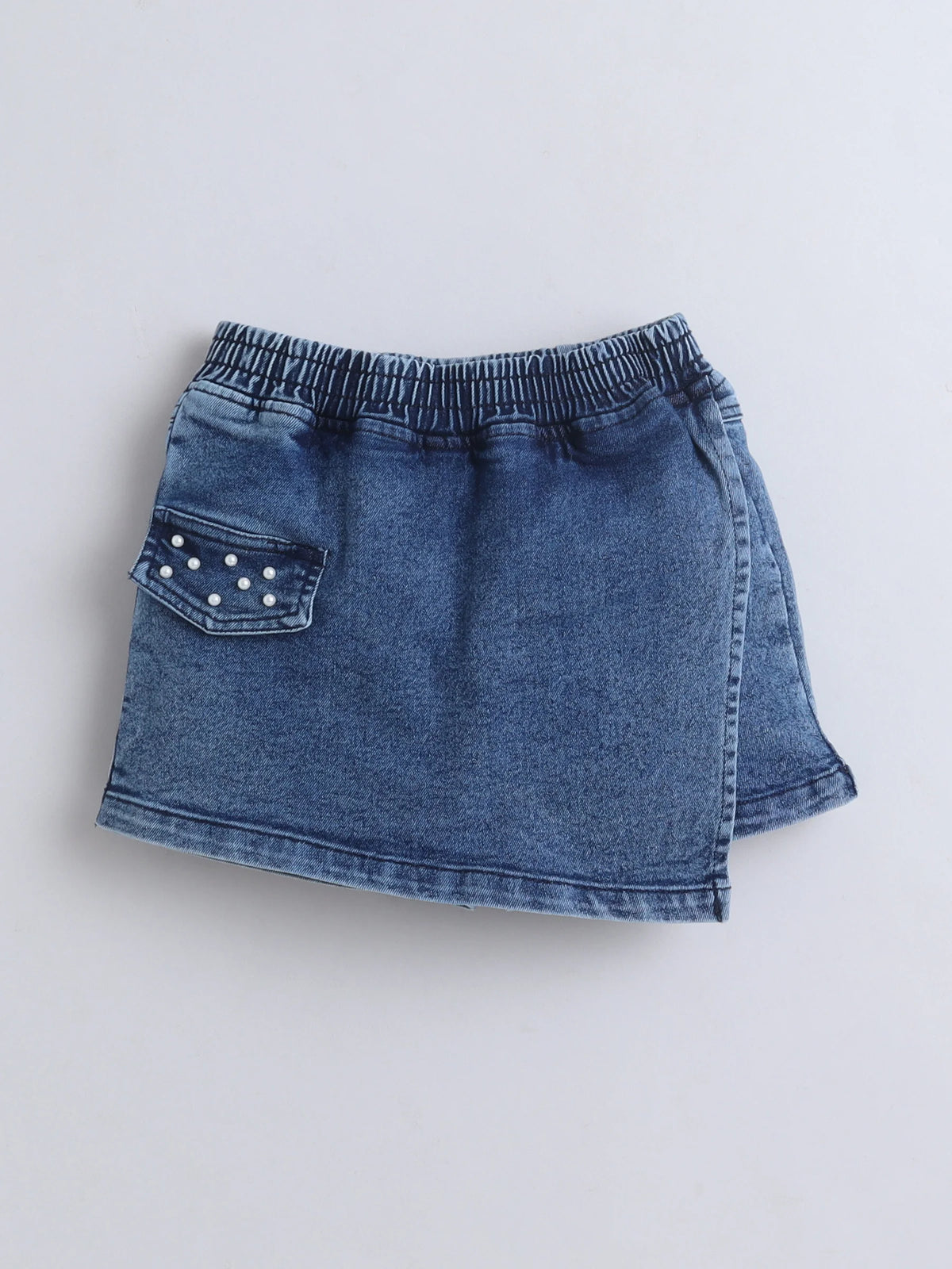 Girls Co-ord Set Waffle Knit Tshirt with Cloud Washed Denim Skorts Clothing Set
