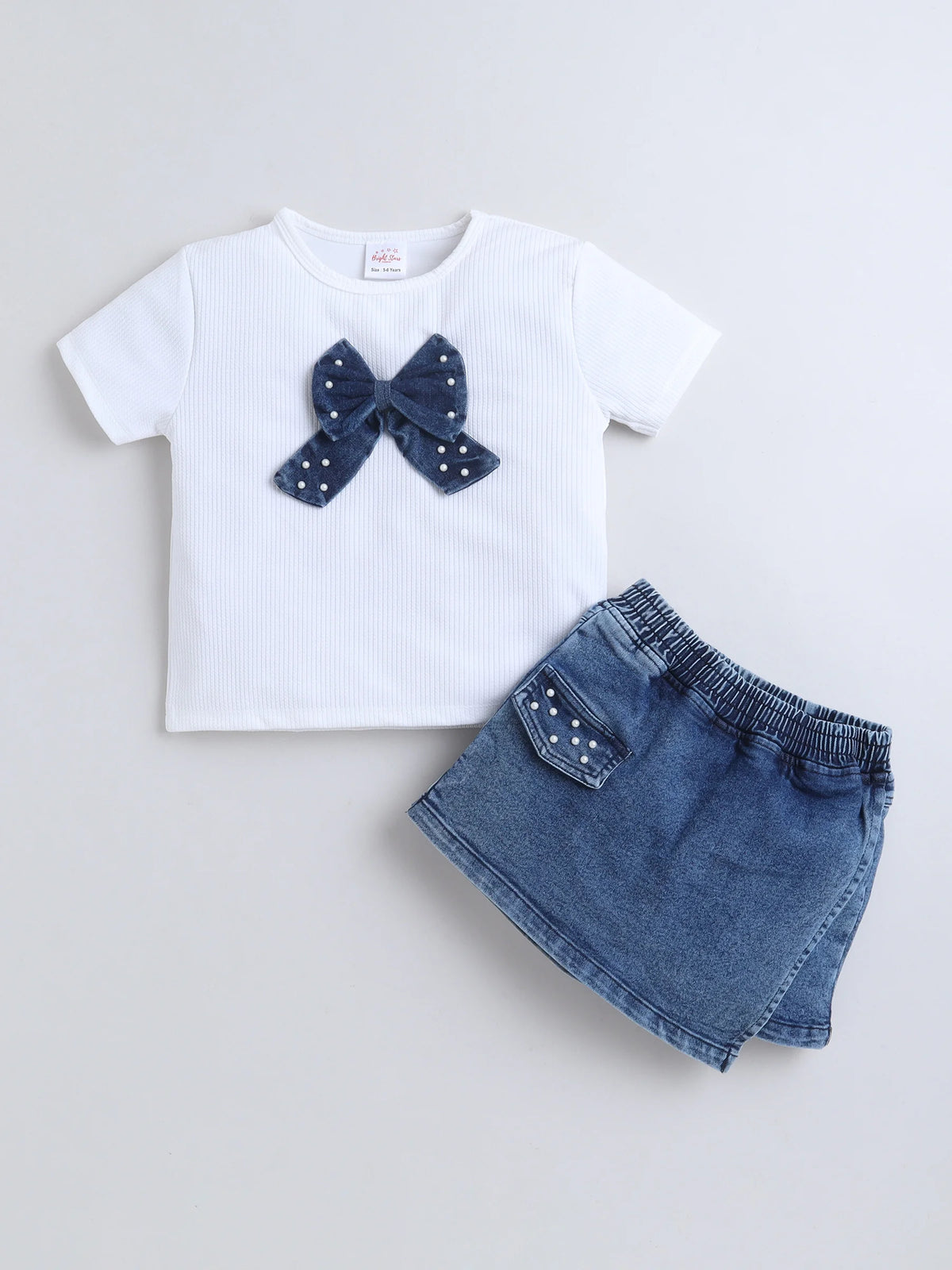 Girls Co-ord Set Waffle Knit Tshirt with Cloud Washed Denim Skorts Clothing Set