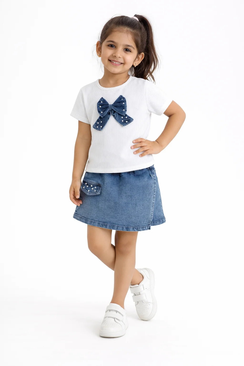 Girls Co-ord Set Waffle Knit Tshirt with Cloud Washed Denim Skorts Clothing Set