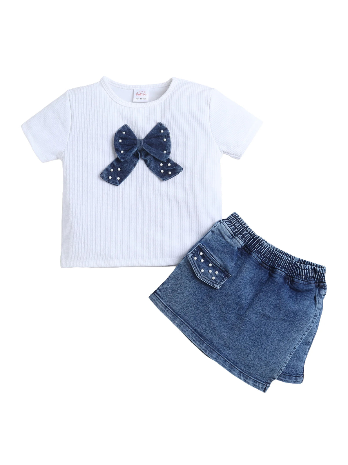 Girls Co-ord Set Waffle Knit Tshirt with Cloud Washed Denim Skorts Clothing Set