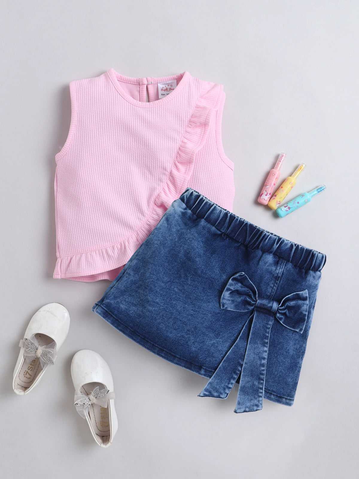 Girls Top & Skort Co-ord Set, Sleeveless Top & Denim Wrap Skort, Casual Clothing Set
