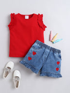 Girls Co-ord Set Cotton Top with Cloud Washed Denim Heart Shorts Clothing Set