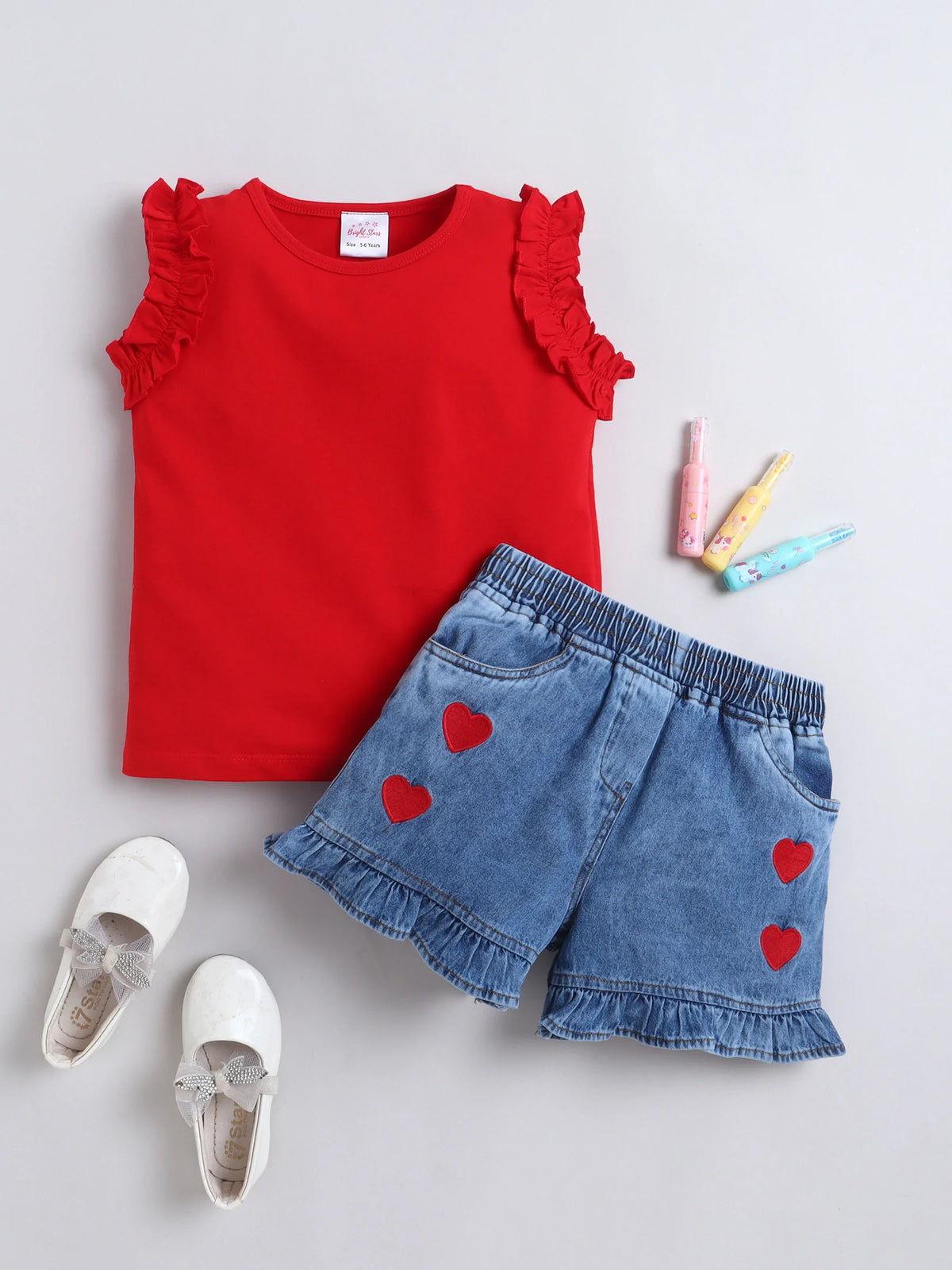 Girls Co-ord Set Cotton Top with Cloud Washed Denim Heart Shorts Clothing Set
