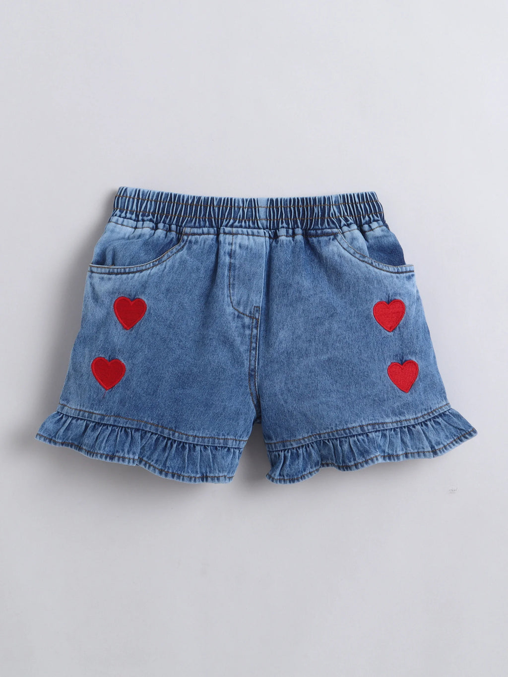 Girls Co-ord Set Cotton Top with Cloud Washed Denim Heart Shorts Clothing Set