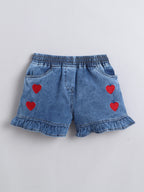Girls Co-ord Set Cotton Top with Cloud Washed Denim Heart Shorts Clothing Set