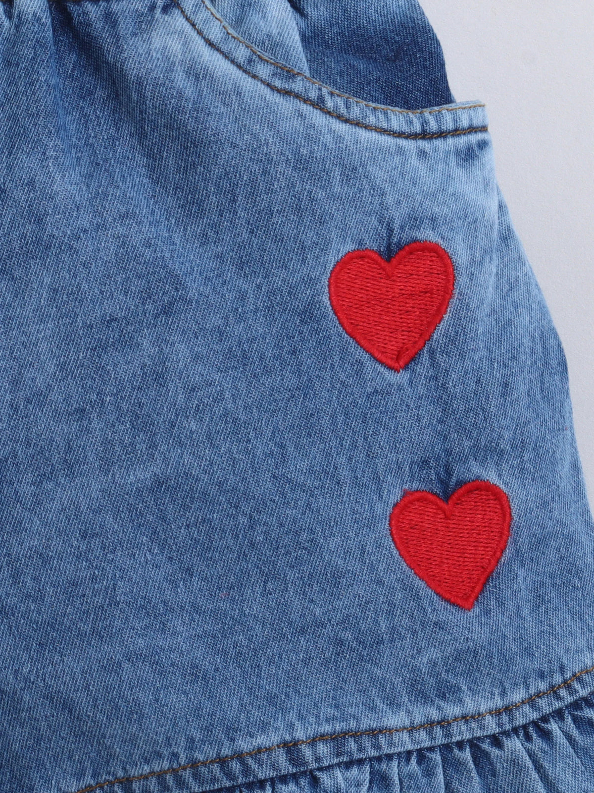 Girls Co-ord Set Cotton Top with Cloud Washed Denim Heart Shorts Clothing Set