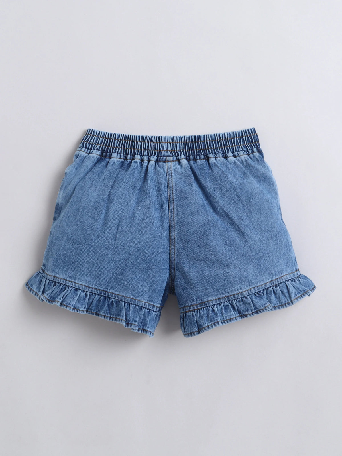Girls Co-ord Set Cotton Top with Cloud Washed Denim Heart Shorts Clothing Set