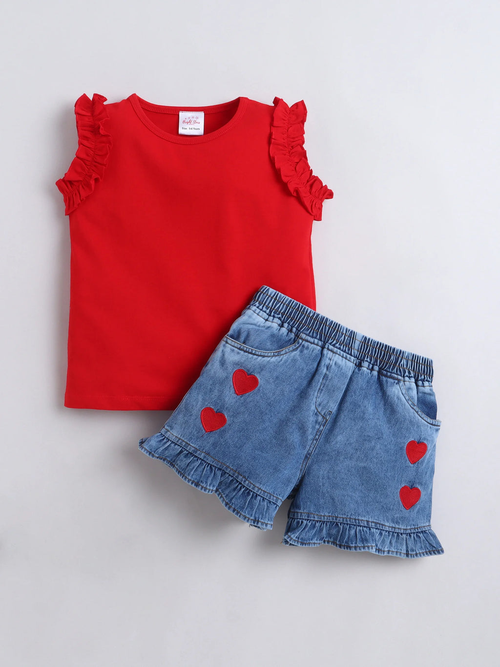 Girls Co-ord Set Cotton Top with Cloud Washed Denim Heart Shorts Clothing Set