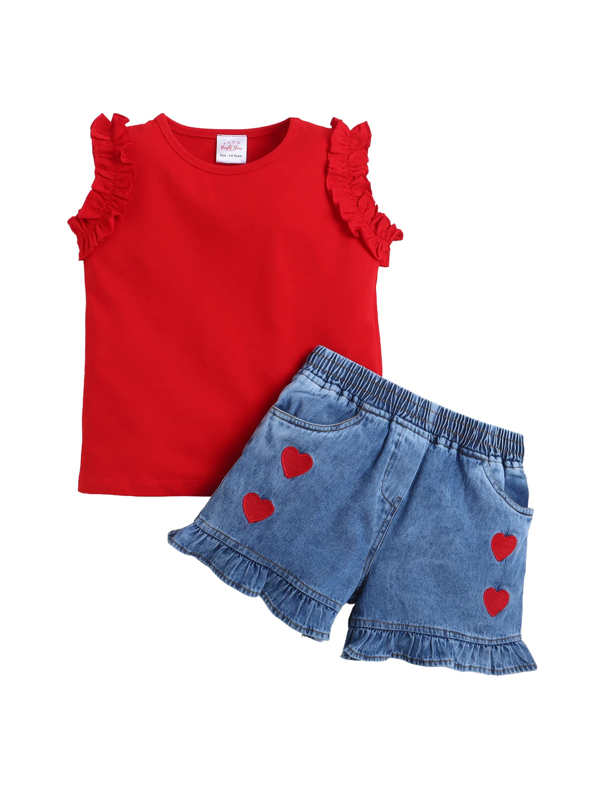 Girls Co-ord Set Cotton Top with Cloud Washed Denim Heart Shorts Clothing Set