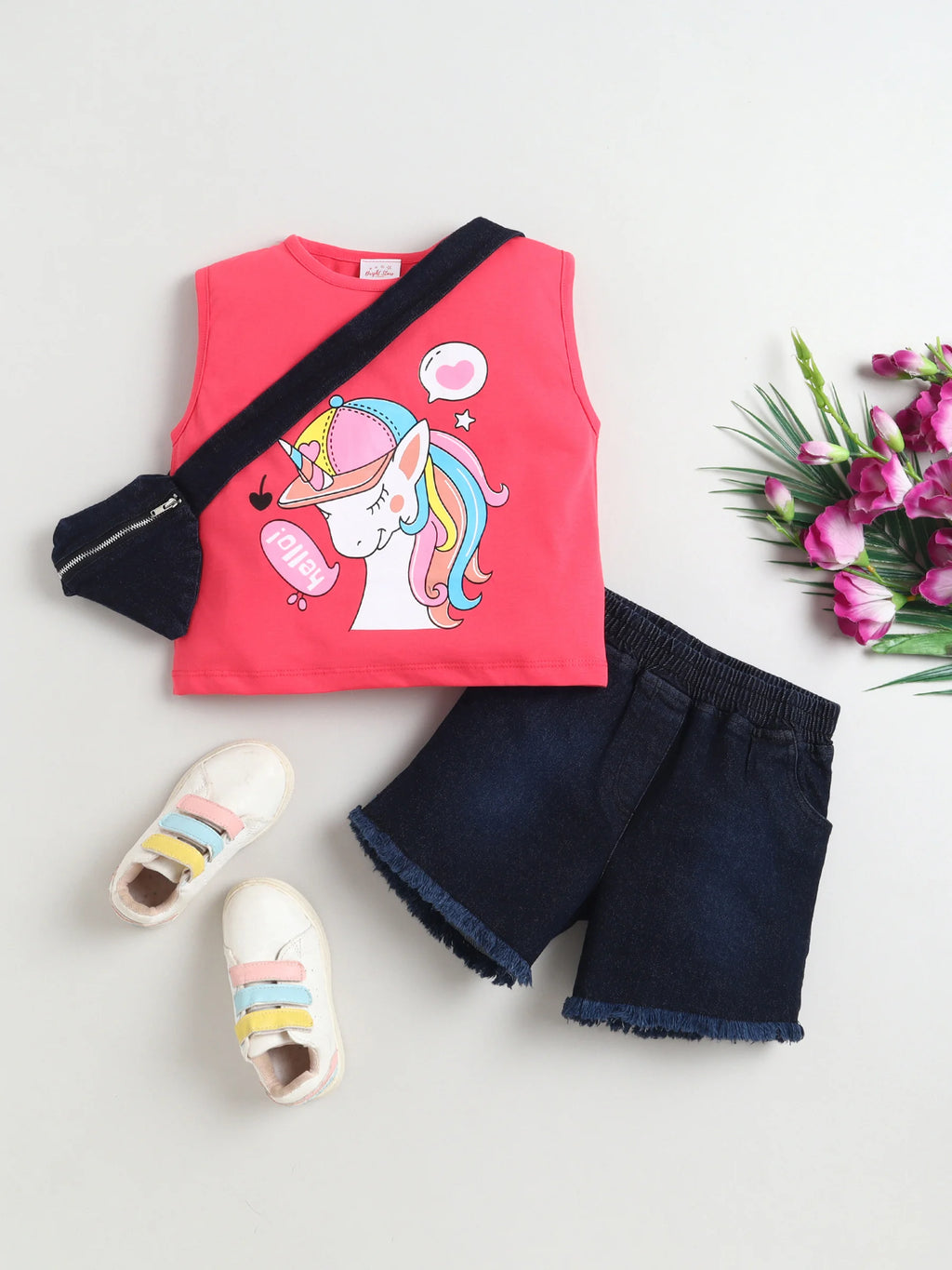 Bright Stars KIDSWEAR Cotton Single Jersey Sleeveless Unicorn Printed Tee With Denim Frey Shorts And Heart Shape Bag