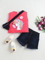 Bright Stars KIDSWEAR Cotton Single Jersey Sleeveless Unicorn Printed Tee With Denim Frey Shorts And Heart Shape Bag