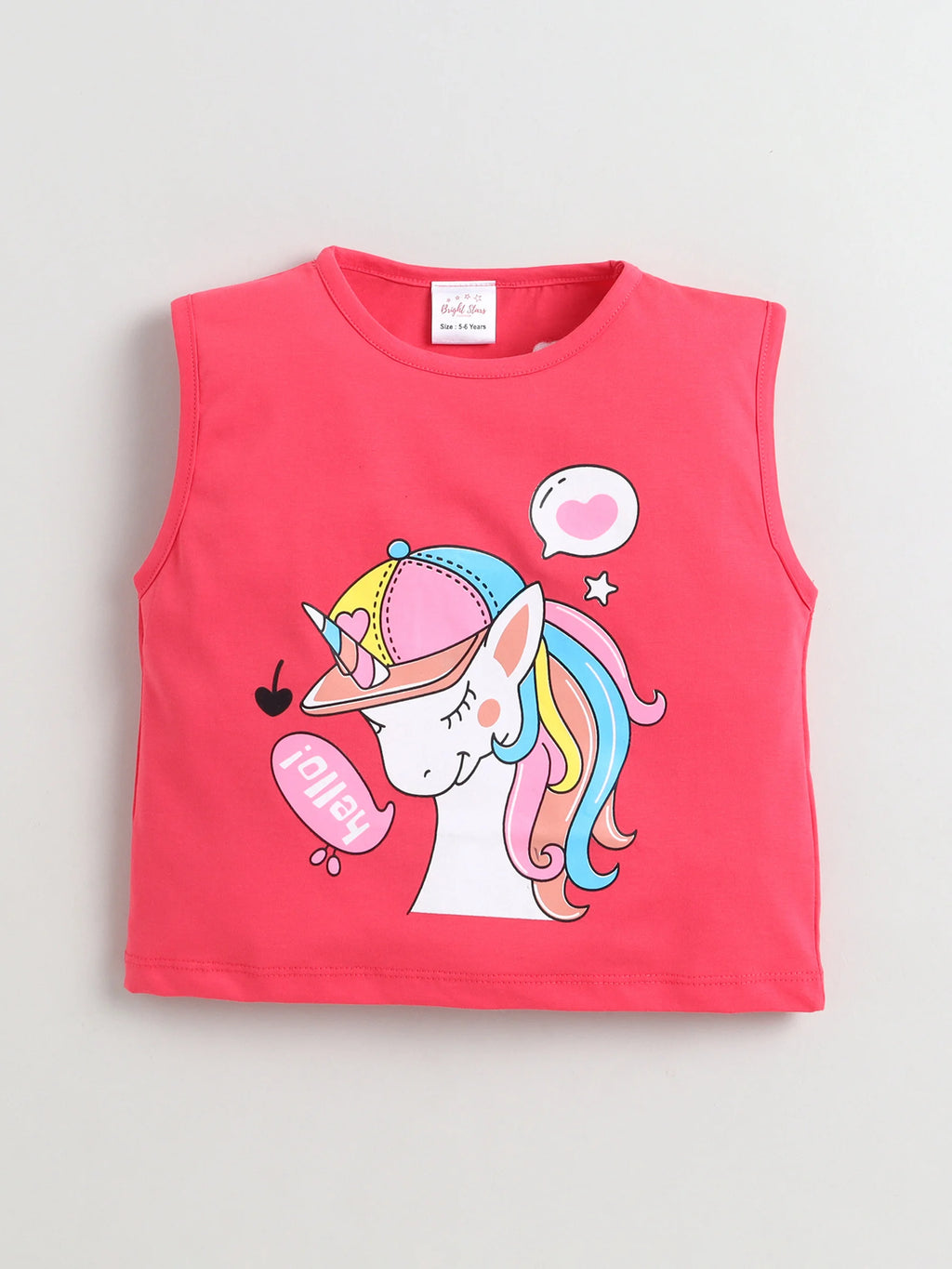 Bright Stars KIDSWEAR Cotton Single Jersey Sleeveless Unicorn Printed Tee With Denim Frey Shorts And Heart Shape Bag