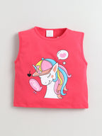 Bright Stars KIDSWEAR Cotton Single Jersey Sleeveless Unicorn Printed Tee With Denim Frey Shorts And Heart Shape Bag