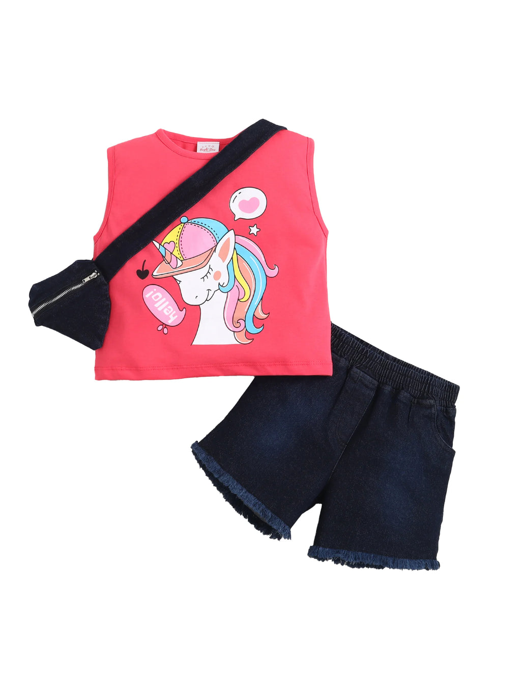 Bright Stars KIDSWEAR Cotton Single Jersey Sleeveless Unicorn Printed Tee With Denim Frey Shorts And Heart Shape Bag