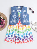 Girls Heart Printed Strap Dress with Sleeveless Embroidered Denim Jacket