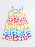 Girls Heart Printed Strap Dress with Sleeveless Embroidered Denim Jacket