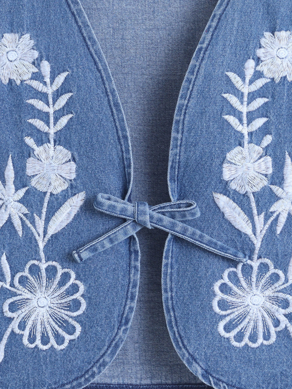 Girls Heart Printed Strap Dress with Sleeveless Embroidered Denim Jacket