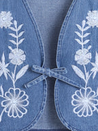 Girls Heart Printed Strap Dress with Sleeveless Embroidered Denim Jacket