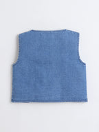 Girls Heart Printed Strap Dress with Sleeveless Embroidered Denim Jacket