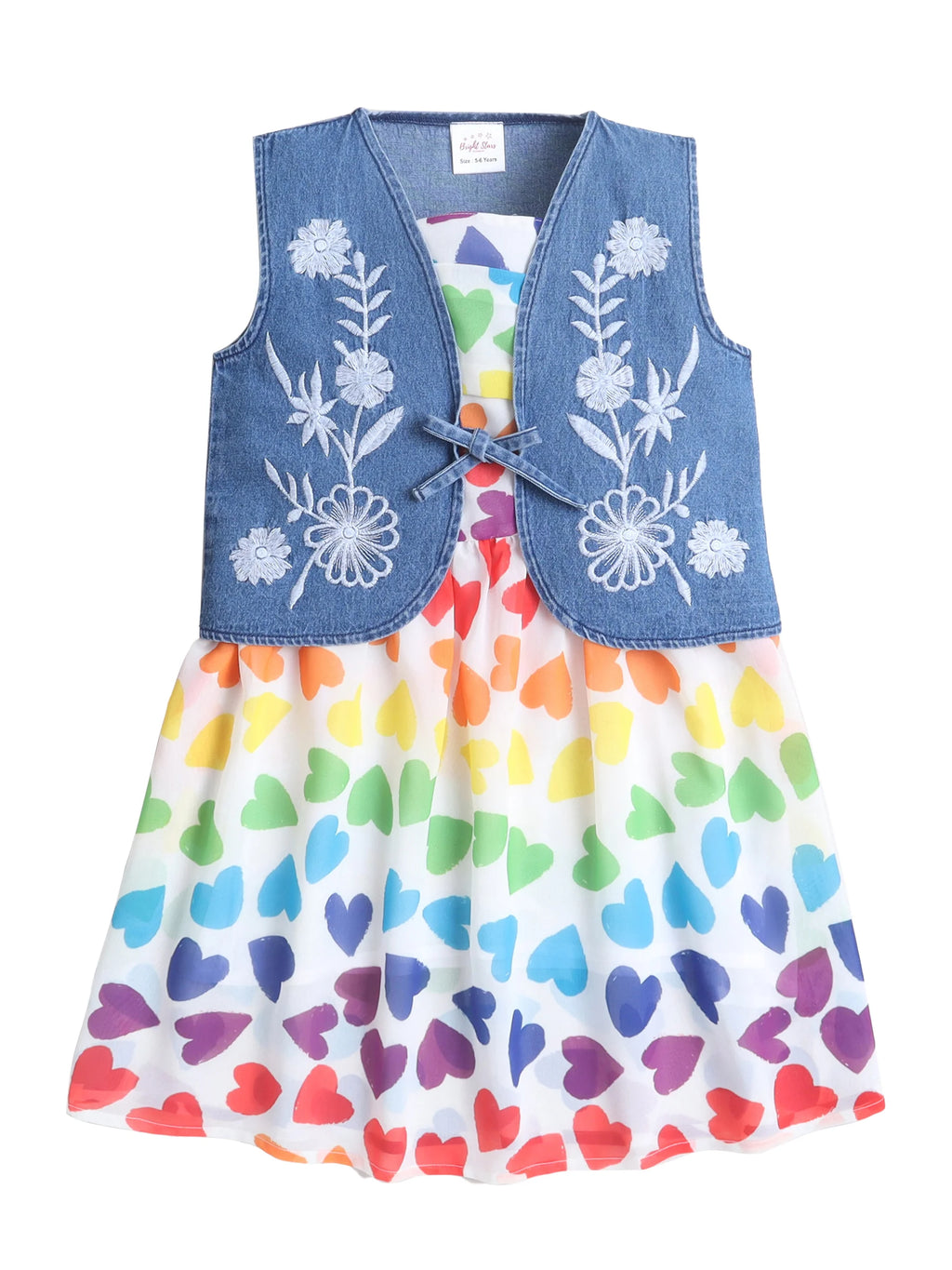 Girls Heart Printed Strap Dress with Sleeveless Embroidered Denim Jacket