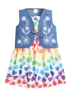 Girls Heart Printed Strap Dress with Sleeveless Embroidered Denim Jacket
