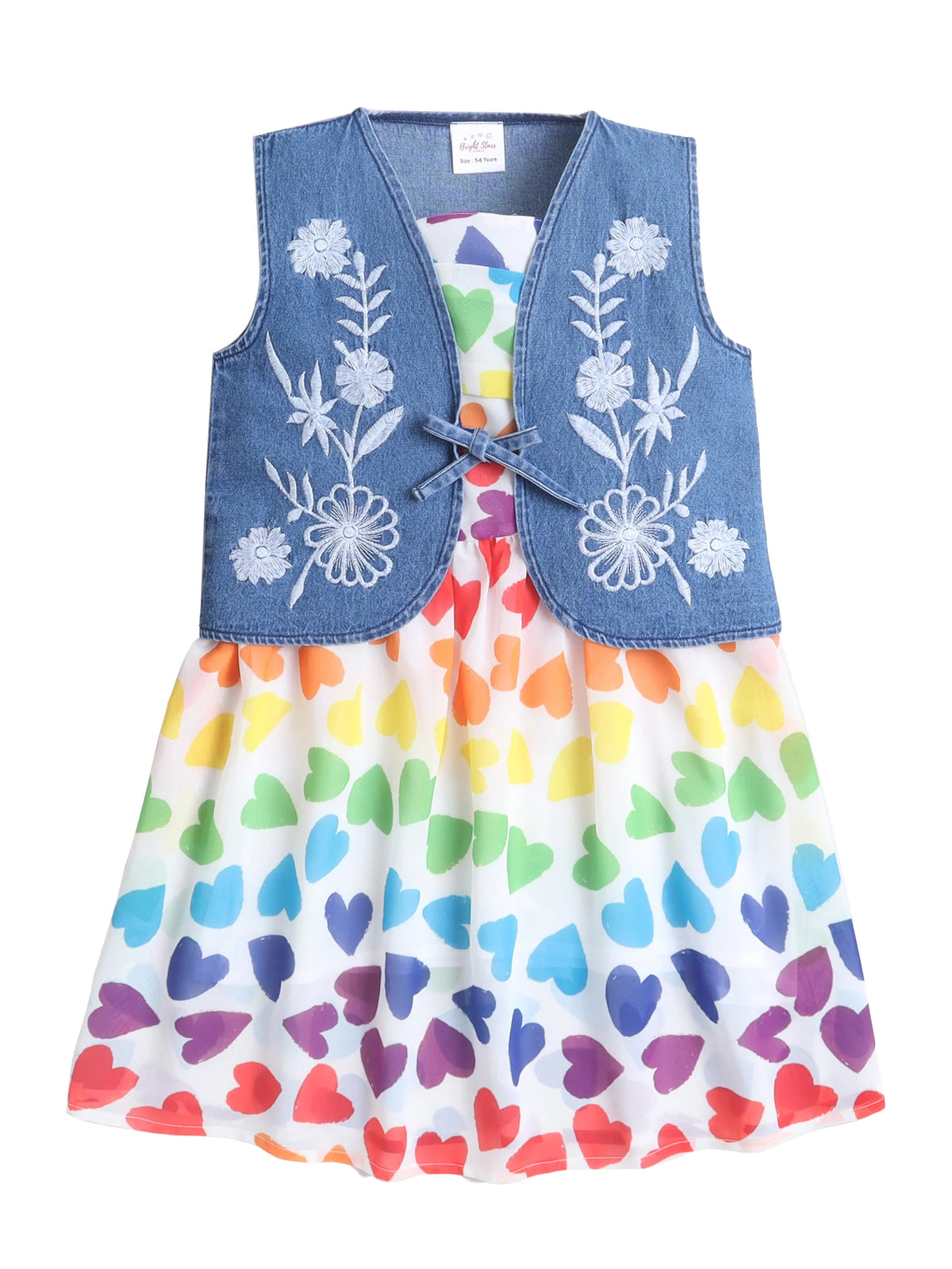 Girls Heart Printed Strap Dress with Sleeveless Embroidered Denim Jacket