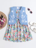 Girls Floral Printed Strap Dress with Blue Sleeveless Embroidered Denim Jacket