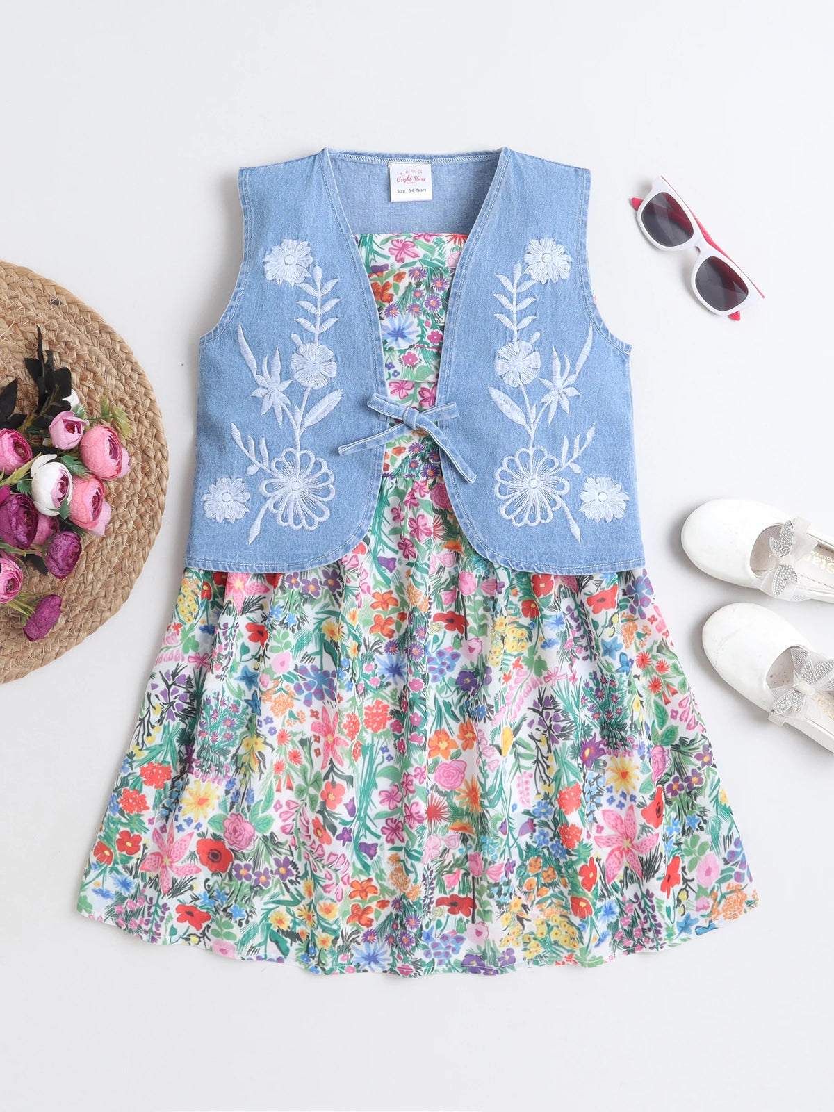 Girls Floral Printed Strap Dress with Blue Sleeveless Embroidered Denim Jacket