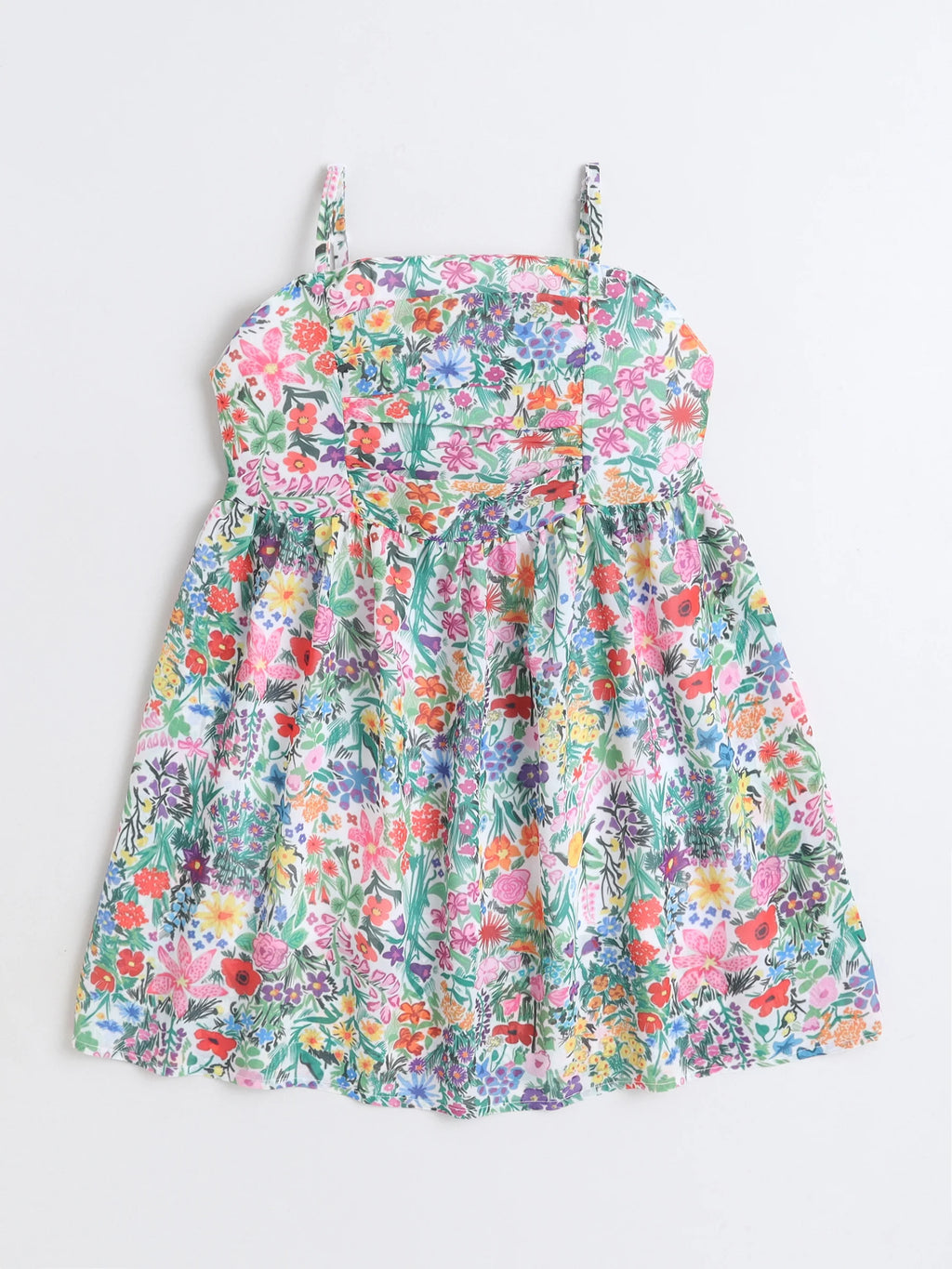 Girls Floral Printed Strap Dress with Blue Sleeveless Embroidered Denim Jacket