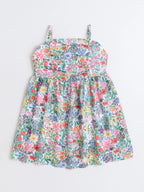 Girls Floral Printed Strap Dress with Blue Sleeveless Embroidered Denim Jacket