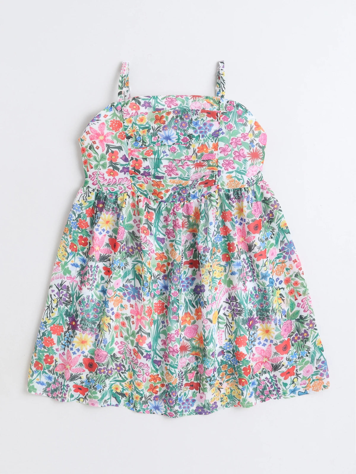 Girls Floral Printed Strap Dress with Blue Sleeveless Embroidered Denim Jacket
