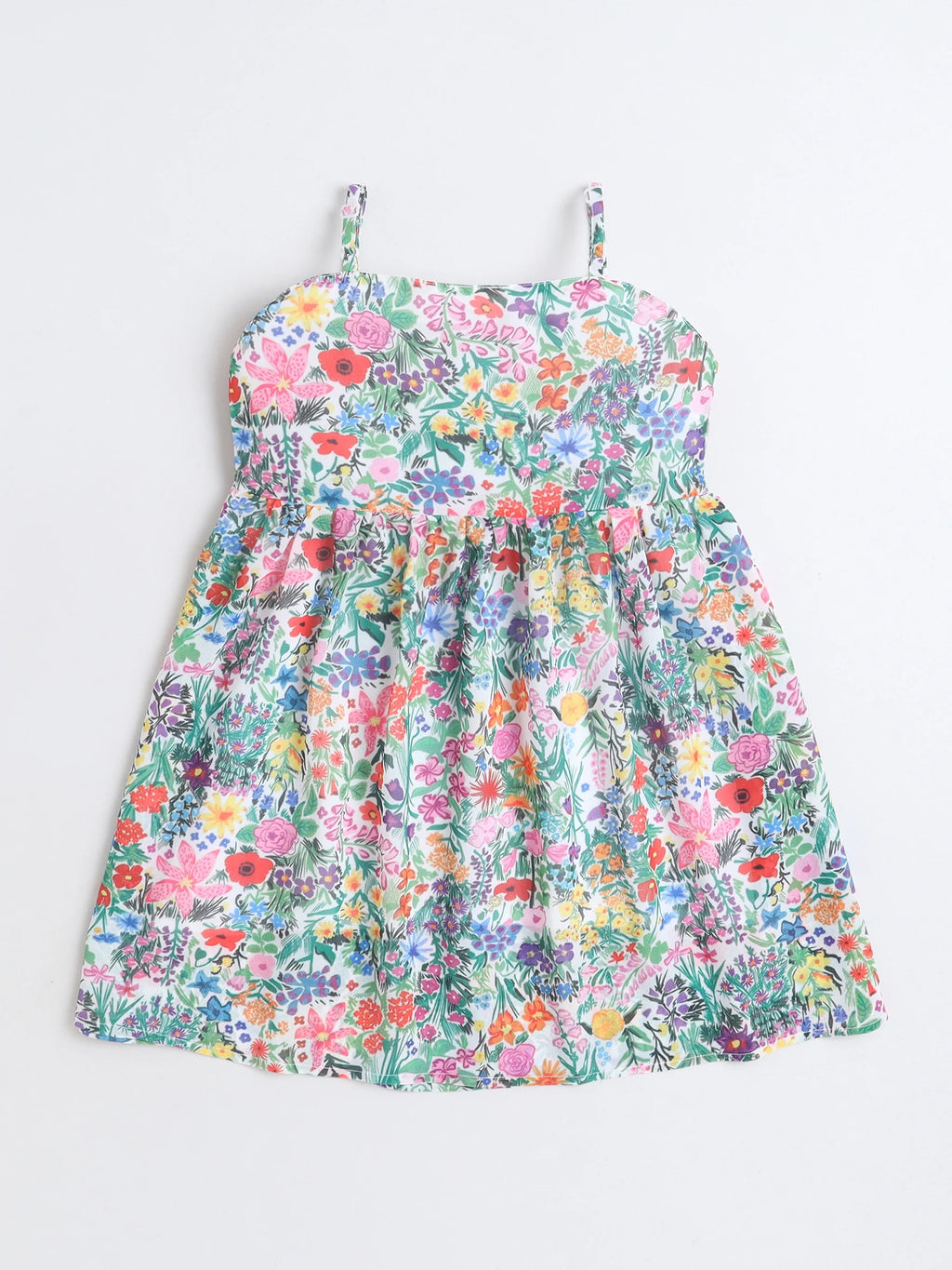 Girls Floral Printed Strap Dress with Blue Sleeveless Embroidered Denim Jacket