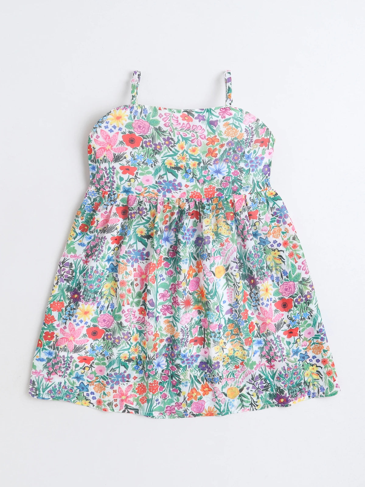Girls Floral Printed Strap Dress with Blue Sleeveless Embroidered Denim Jacket