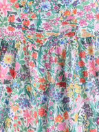 Girls Floral Printed Strap Dress with Blue Sleeveless Embroidered Denim Jacket
