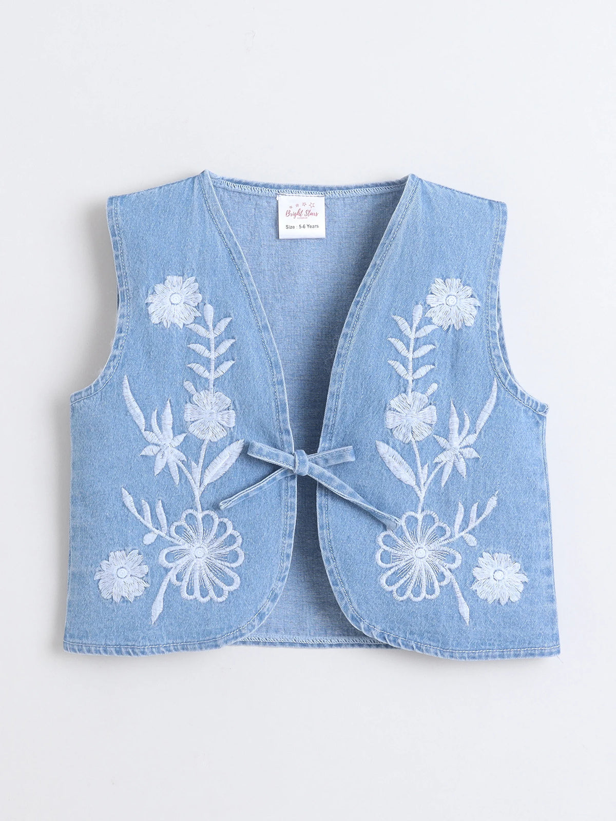 Girls Floral Printed Strap Dress with Blue Sleeveless Embroidered Denim Jacket