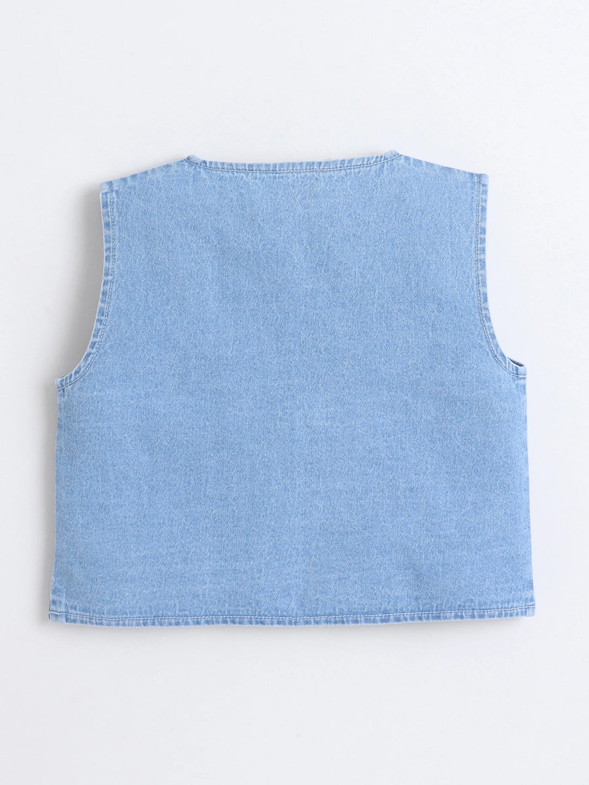 Girls Floral Printed Strap Dress with Blue Sleeveless Embroidered Denim Jacket