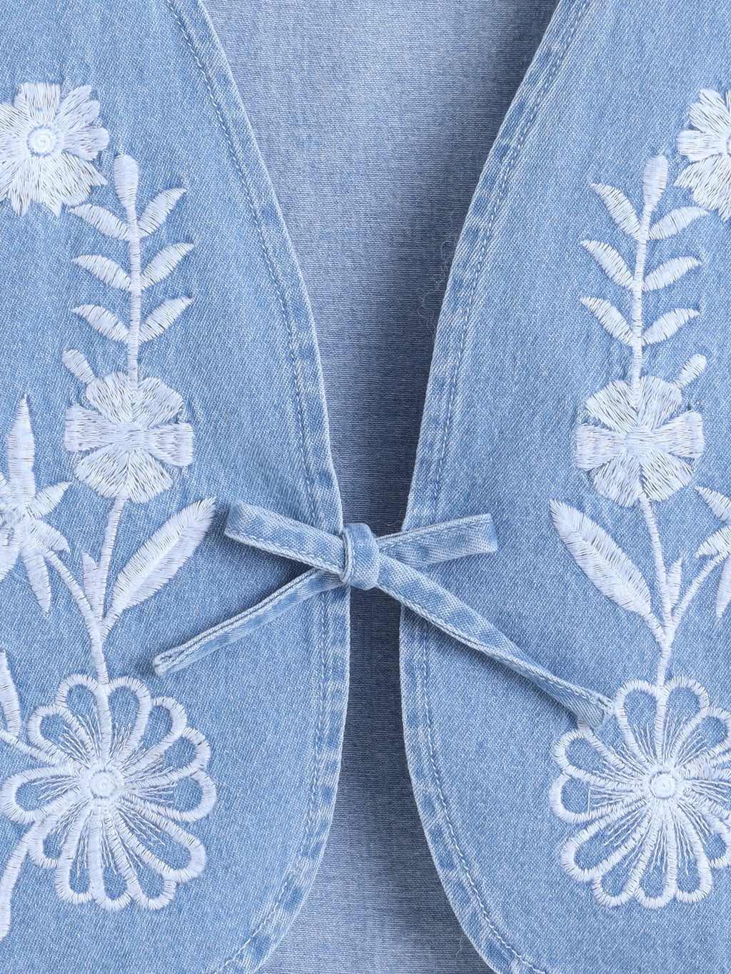 Girls Floral Printed Strap Dress with Blue Sleeveless Embroidered Denim Jacket