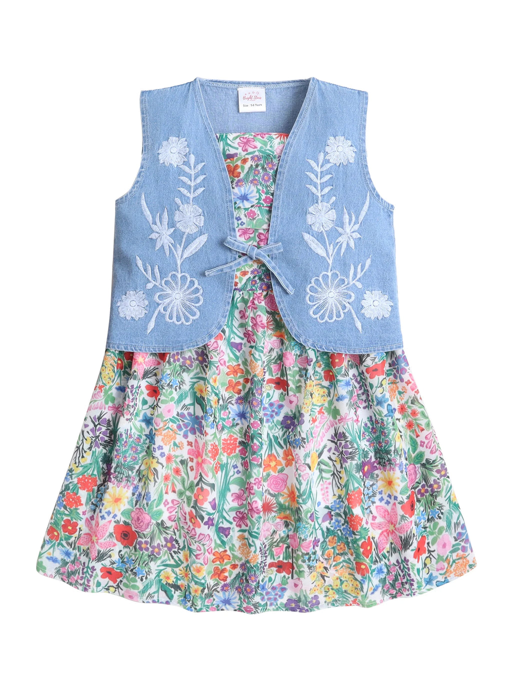 Girls Floral Printed Strap Dress with Blue Sleeveless Embroidered Denim Jacket