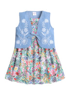 Girls Floral Printed Strap Dress with Blue Sleeveless Embroidered Denim Jacket